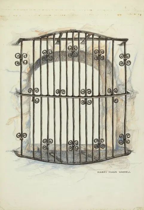 Framed Print : Iron Grille at Window, 1935 / 1942. Creator: Harry Mann Waddell Framed Print : Iron Grille at Window, 1935 / 1942. Creator: Harry Mann Waddell
