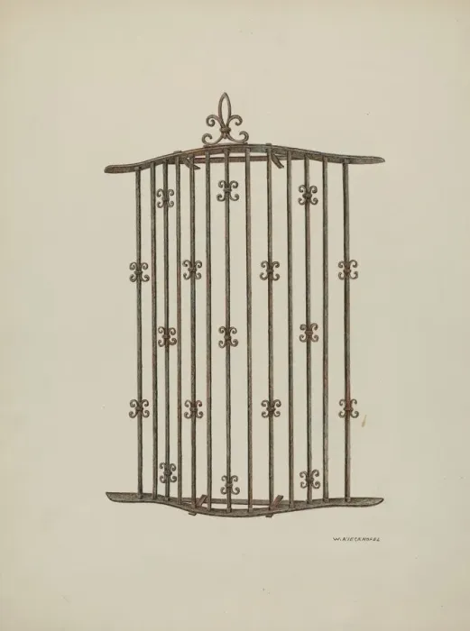 Framed Print : Iron Grille at Window: Restoration Drawing, 1941. Creator: William Kieckhofel Framed Print : Iron Grille at Window: Restoration Drawing, 1941. Creator: William Kieckhofel