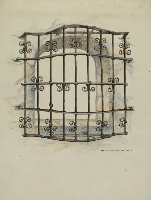 Framed Print : Iron Grille at Window: Restoration Drawing, c. 1936. Creator: Harry Mann Waddell Framed Print : Iron Grille at Window: Restoration Drawing, c. 1936. Creator: Harry Mann Waddell