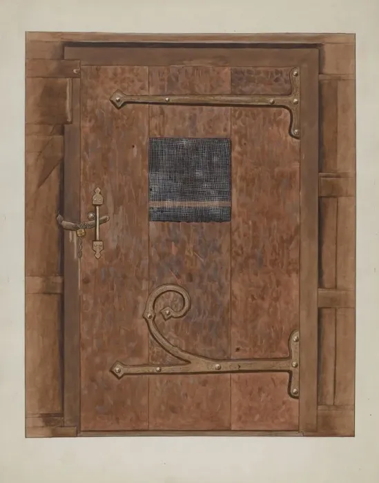 Framed Print : Iron Hinges on Door, c. 1936. Creator: Bertha Semple Framed Print : Iron Hinges on Door, c. 1936. Creator: Bertha Semple