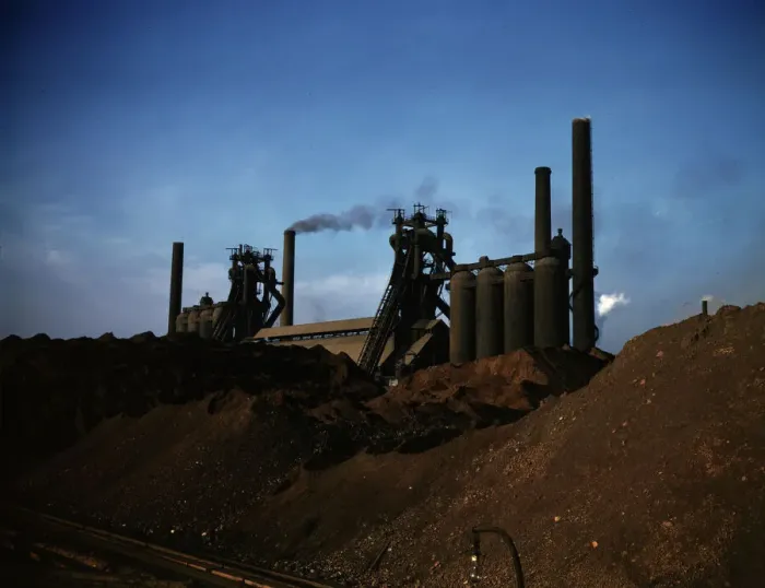 Framed Print : Iron ore piles and blast furnaces, Carnegie-Illinois Steel Corporation mill, Etna, Pa. 1941. Creator: Alfred T Palmer Framed Print : Iron ore piles and blast furnaces, Carnegie-Illinois Steel Corporation mill, Etna, Pa. 1941. Creator: Alfred T Palmer