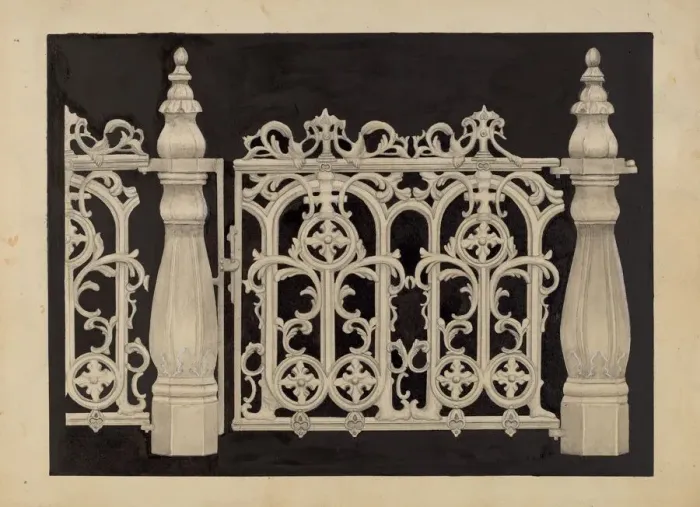 Framed Print : Iron Railing and Gate, c. 1936. Creator: James M. Lawson Framed Print : Iron Railing and Gate, c. 1936. Creator: James M. Lawson