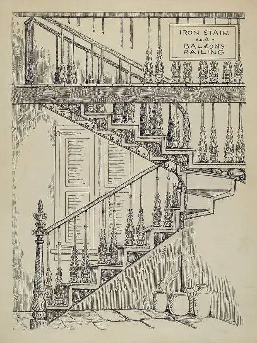 Framed Print : Iron Work on Stairway, c. 1936. Creator: Al Curry Framed Print : Iron Work on Stairway, c. 1936. Creator: Al Curry