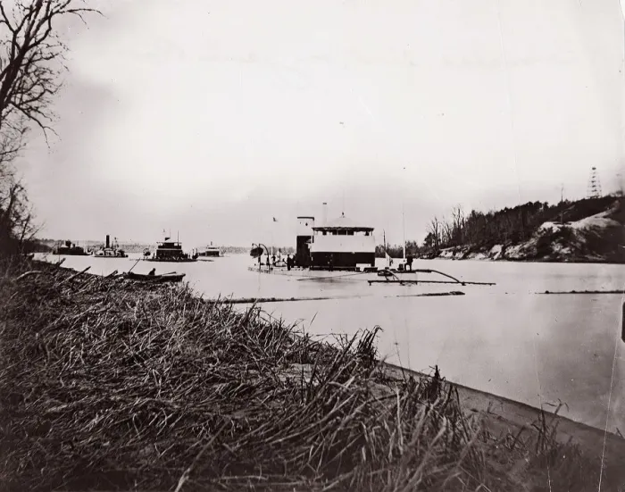 Framed Print : Ironclad fleet on James River below Rebel Howlett House Battery, 1865 Framed Print : Ironclad fleet on James River below Rebel Howlett House Battery, 1865