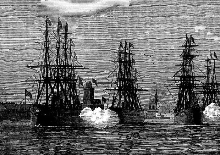 Framed Print : The Ironclad Squadron saluting at the Holyhead breakwater, 1873. Creator: Unknown Framed Print : The Ironclad Squadron saluting at the Holyhead breakwater, 1873. Creator: Unknown