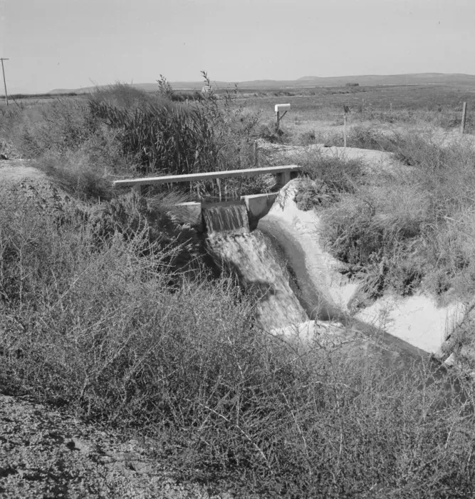 Framed Print : Irrigation ditch, showing drop in canal, Dead Ox Flat, Malheur County, Oregon, 1939. Creator: Dorothea Lange Framed Print : Irrigation ditch, showing drop in canal, Dead Ox Flat, Malheur County, Oregon, 1939. Creator: Dorothea Lange