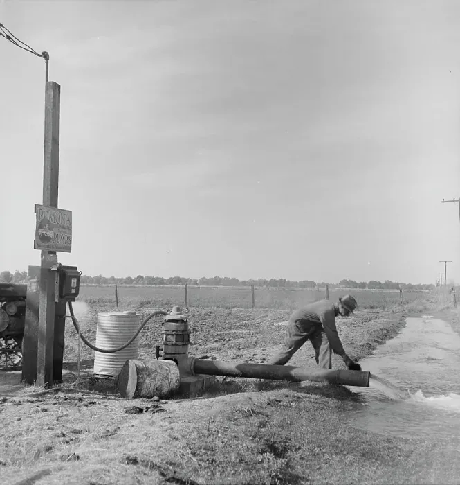 Framed Print : Irrigation pump on edge of field, San Joaquin Valley, California, 1938. Creator: Dorothea Lange