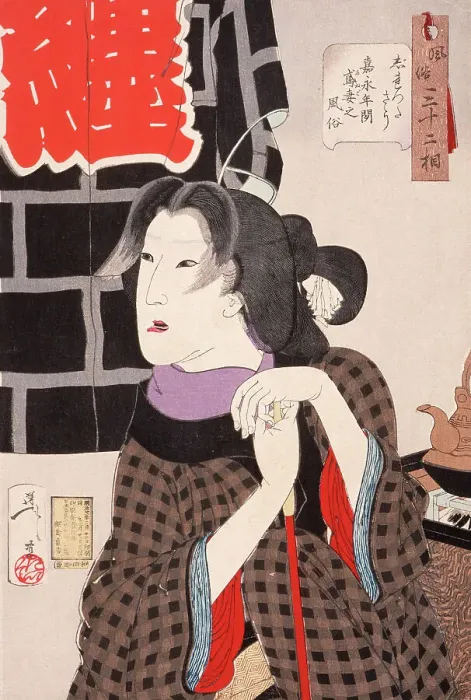 Framed Print : Irritable: The Wife of a Fireman in the Kaei Period (1848-1853), 1888. Creator: Tsukioka Yoshitoshi Framed Print : Irritable: The Wife of a Fireman in the Kaei Period (1848-1853), 1888. Creator: Tsukioka Yoshitoshi
