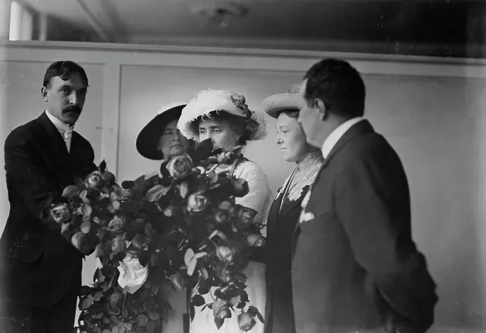 Framed Print : Irving Bertman presents flowers to Helen Keller, Flower Show, 1913. Creator: Bain News Service Framed Print : Irving Bertman presents flowers to Helen Keller, Flower Show, 1913. Creator: Bain News Service