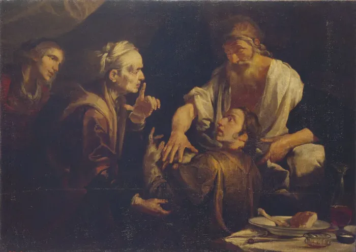 Framed Print : Isaac Blessing Jacob, 1640s. Creator: Assereto, Gioacchino (1600-1649) Framed Print : Isaac Blessing Jacob, 1640s. Creator: Assereto, Gioacchino (1600-1649)
