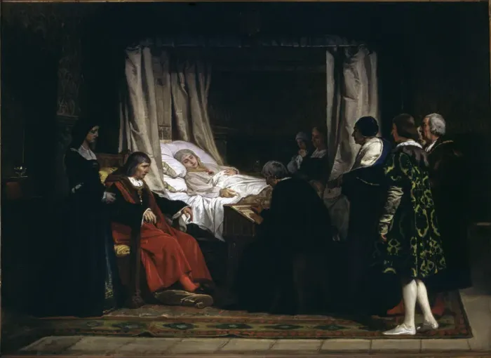 Framed Print : Isabella the Catholic dictating his will, oil, 1864 Framed Print : Isabella the Catholic dictating his will, oil, 1864