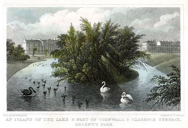 Island on the lake and Part of Cornwall and Clarence Terraces, Regents Park, London, 1828. Artist: William Tombleson