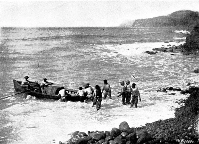 Framed Print : The Island of Montserrat (West Indies) - coast of Montserrat - boat taking lime juice to ship, 1895. Creator: Unknown Framed Print : The Island of Montserrat (West Indies) - coast of Montserrat - boat taking lime juice to ship, 1895. Creator: Unknown