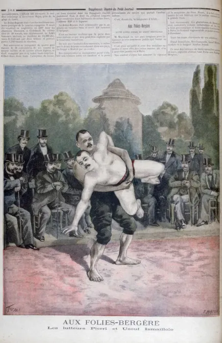 Framed Print : The Ismaillolo brothers wrestling, The Folies Bergere, 1895. Artist: F Meaulle Framed Print : The Ismaillolo brothers wrestling, The Folies Bergere, 1895. Artist: F Meaulle