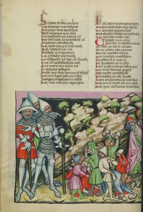 Framed Print : The Israelites Fear of the Giants: The Israelites Stoning the Spies; Weltchronik, about 1400-1410. Creator: Unknown Framed Print : The Israelites Fear of the Giants: The Israelites Stoning the Spies; Weltchronik, about 1400-1410. Creator: Unknown