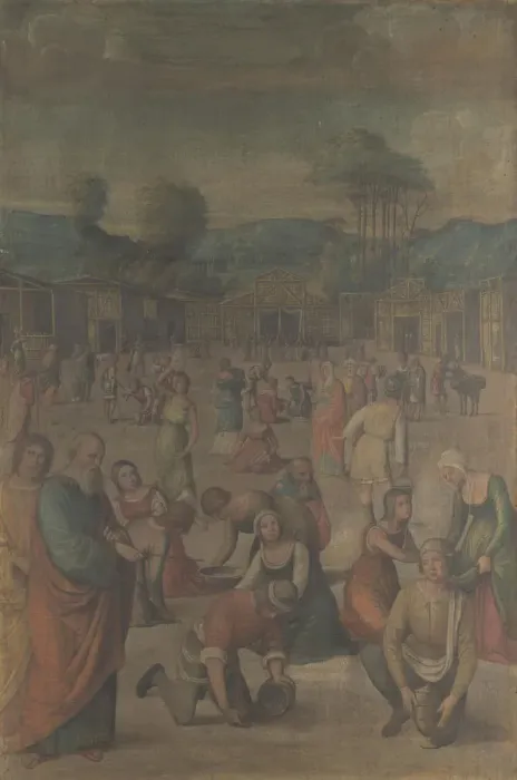 Framed Print : The Israelites gathering Manna (from the Story of Moses), after 1508. Artist: Costa, Lorenzo (1460-1535)