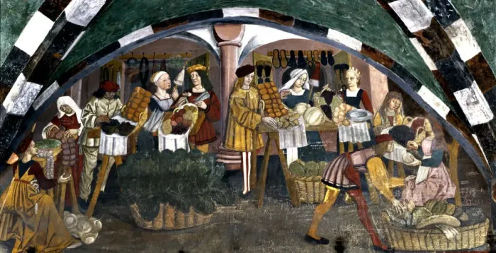 Framed Print : Issogne Castle, frescoes hall, market scenes Framed Print : Issogne Castle, frescoes hall, market scenes
