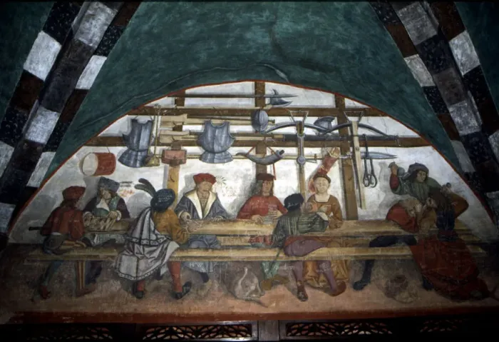 Framed Print : Issogne Castle, frescoes with scenes of the guard Framed Print : Issogne Castle, frescoes with scenes of the guard