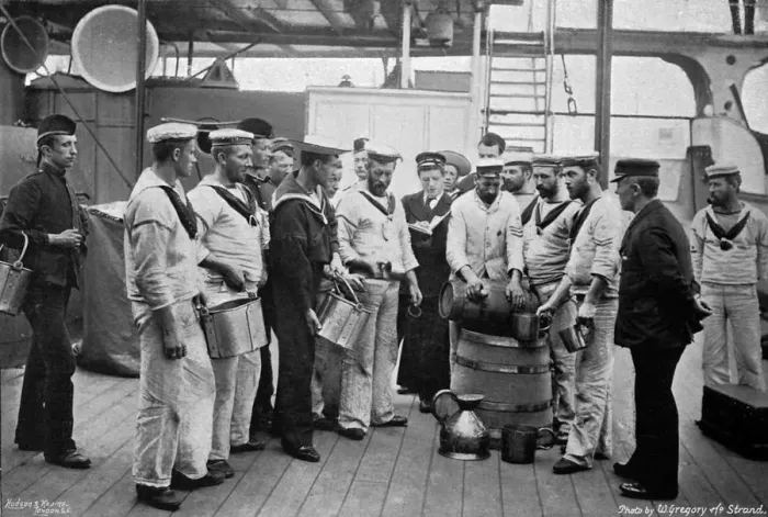 Framed Print : Issuing rum on board HMS Royal Sovereign, 1896. Artist: W Gregory Framed Print : Issuing rum on board HMS Royal Sovereign, 1896. Artist: W Gregory