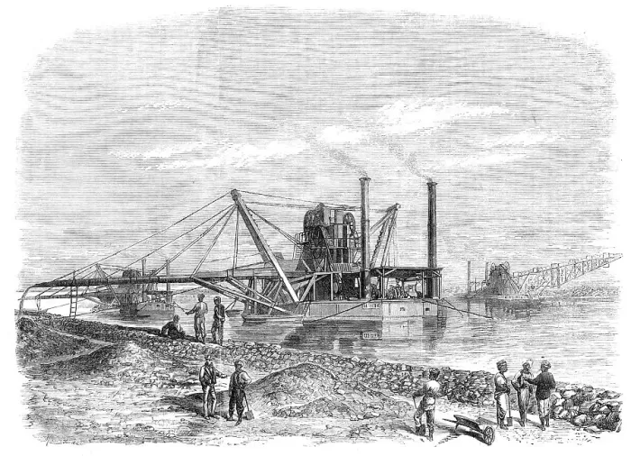 Framed Print : The Isthmus of Suez Maritime Canal: dredges and elevators at work, 1869. Creator: Unknown