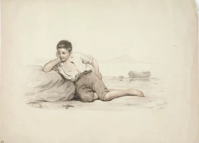 Framed Print : An Italian boy lying against a stone by the bay, 1850-1855. Creator: Karl Anders Ekman