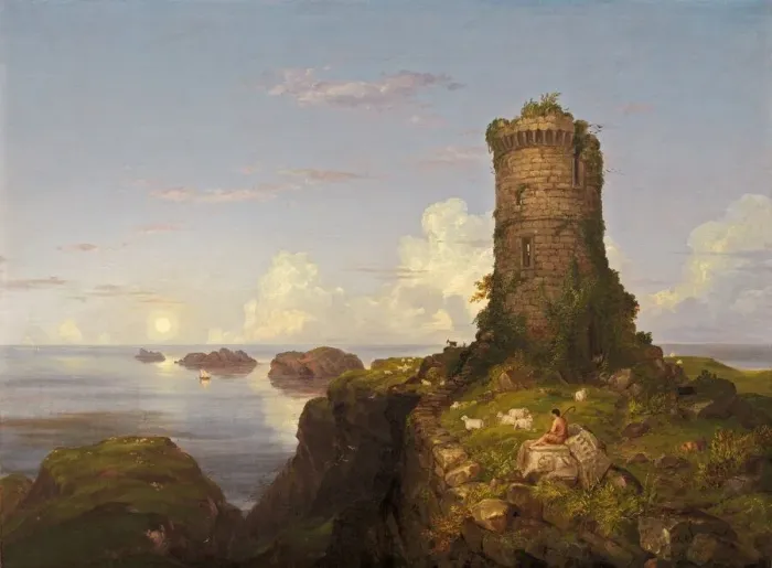 Framed Print : Italian Coast Scene with Ruined Tower, 1838. Creator: Thomas Cole Framed Print : Italian Coast Scene with Ruined Tower, 1838. Creator: Thomas Cole