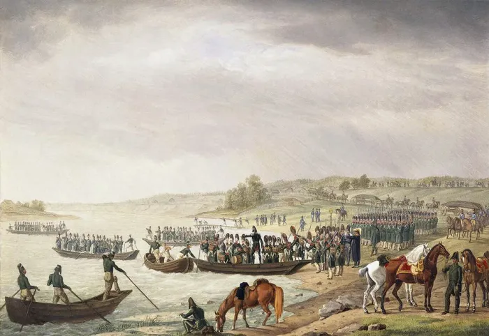 Framed Print : Italian Corps of Eugene de Beauharnais Crossing the Niemen on 30 June 1812, (1815). Artist: Albrecht Adam Framed Print : Italian Corps of Eugene de Beauharnais Crossing the Niemen on 30 June 1812, (1815). Artist: Albrecht Adam