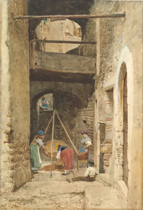 Framed Print : Italian Courtyard and Figures, 1843-1921. Creator: Cavaliere Pio Joris Framed Print : Italian Courtyard and Figures, 1843-1921. Creator: Cavaliere Pio Joris