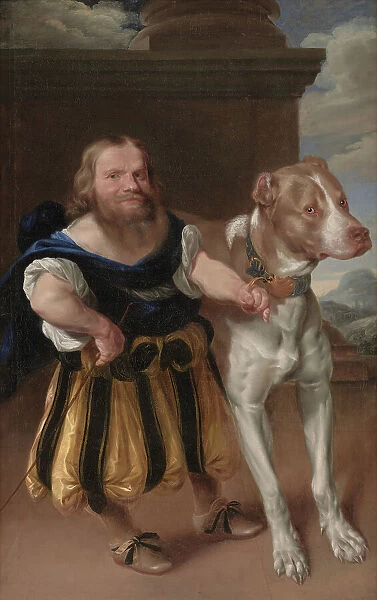 The Italian Dwarf Giacomo Favorchi Attending the Elector of Saxony with the dog Raro, 1663-1666. Creators: Abraham Wuchters, Karel van Mander III
