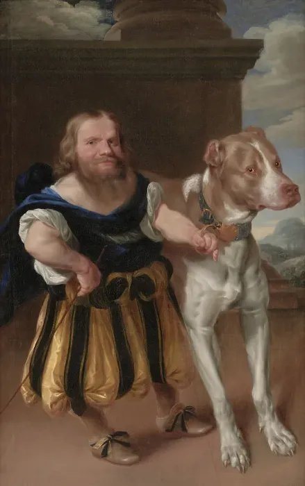 Framed Print : The Italian Dwarf Giacomo Favorchi Attending the Elector of Saxony with the dog Raro, 1663-1666. Creators: Abraham Wuchters, Karel van Mander III Framed Print : The Italian Dwarf Giacomo Favorchi Attending the Elector of Saxony with the dog Raro, 1663-1666. Creators: Abraham Wuchters, Karel van Mander III