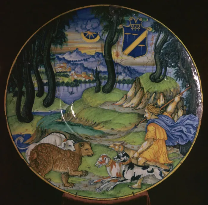 Framed Print : Italian earthenware dish, possibly showing the nymph Callisto, 16th century. Artist: Nicola da Urbino Framed Print : Italian earthenware dish, possibly showing the nymph Callisto, 16th century. Artist: Nicola da Urbino