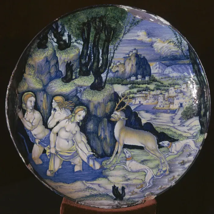 Framed Print : Italian earthenware plate showing Artemis turning Actaeon into a stag Framed Print : Italian earthenware plate showing Artemis turning Actaeon into a stag