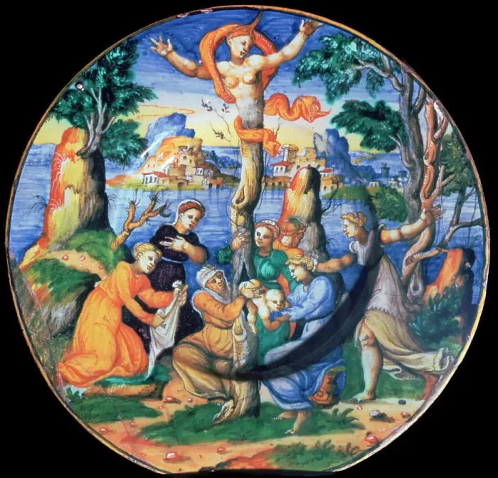 Framed Print : Italian earthenware plate showing the birth of Adonis, c. 16th century Framed Print : Italian earthenware plate showing the birth of Adonis, c. 16th century