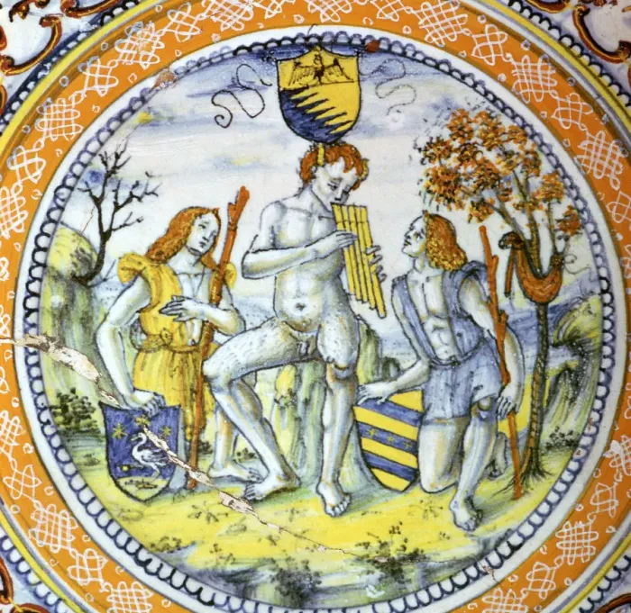 Framed Print : Italian earthenware plate showing Pan piping to two shepherds. Artist: Maestro Benedetto Framed Print : Italian earthenware plate showing Pan piping to two shepherds. Artist: Maestro Benedetto