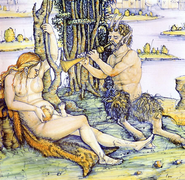 Italian earthenware plate showing the satyr family after Durer