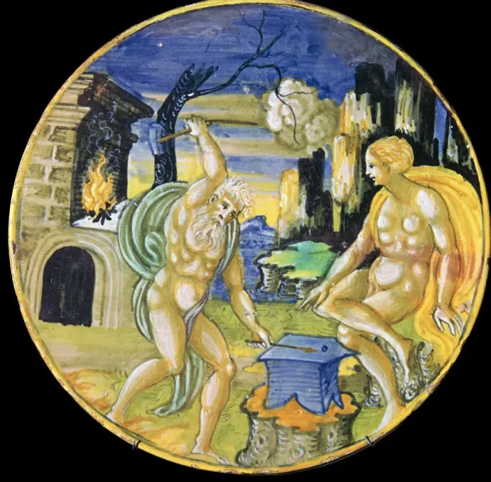 Framed Print : Italian earthenware plate showing Vulcan forging arrows for Cupid, c. 16th century Framed Print : Italian earthenware plate showing Vulcan forging arrows for Cupid, c. 16th century