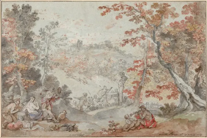 Framed Print : Italian Fall Landscape with Monte Porzio and an Offering to Pan, 1763. Artist: Natoire, Charles Joseph (1700-1777) Framed Print : Italian Fall Landscape with Monte Porzio and an Offering to Pan, 1763. Artist: Natoire, Charles Joseph (1700-1777)