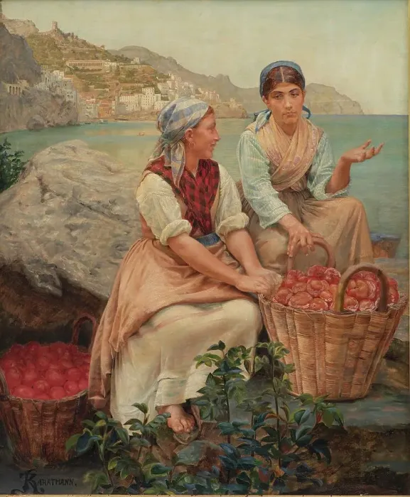 Framed Print : Italian Girls with Tomatoes in Baskets; Fruit Bearers from Amalfi, 1878-79, 1878-1879. Creator: Kristian Zahrtmann Framed Print : Italian Girls with Tomatoes in Baskets; Fruit Bearers from Amalfi, 1878-79, 1878-1879. Creator: Kristian Zahrtmann
