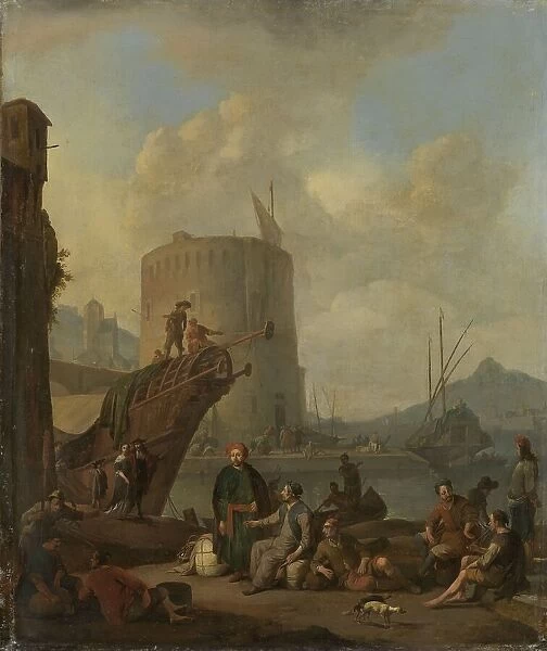 Italian Harbor with a Fortified Tower, 1664. Creator: Johannes Lingelbach