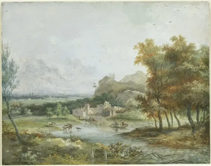 Framed Print : Italian Landscape with a Boating Party. Creator: Louis Gabriel Moreau Framed Print : Italian Landscape with a Boating Party. Creator: Louis Gabriel Moreau