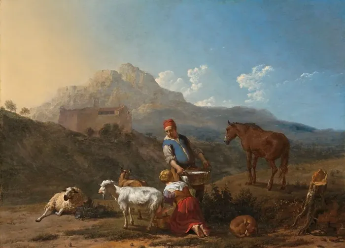Framed Print : Italian Landscape with Girl Milking a Goat, 1652. Creator: Karel Du Jardin Framed Print : Italian Landscape with Girl Milking a Goat, 1652. Creator: Karel Du Jardin