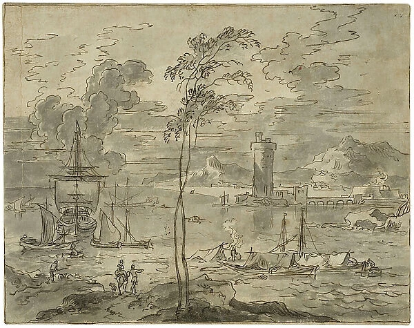 Italian landscape with a harbour, unknown date. Creator: Anon