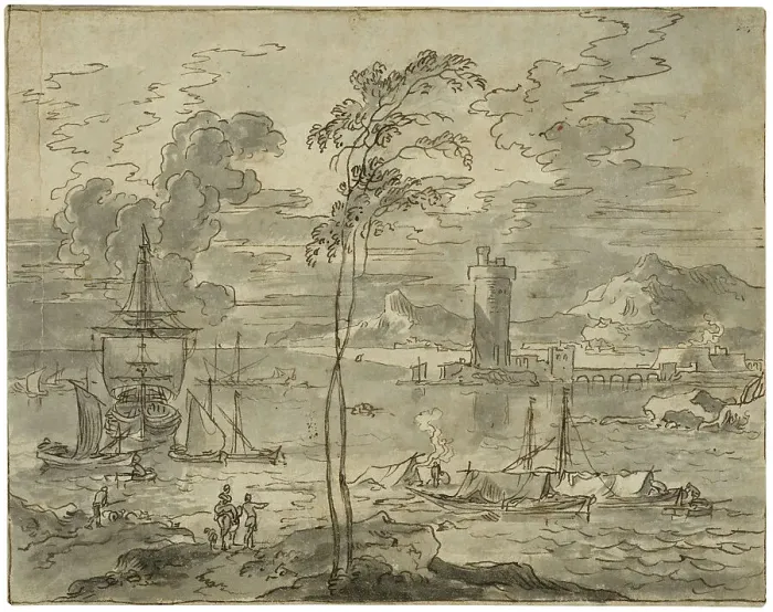 Framed Print : Italian landscape with a harbour, unknown date. Creator: Anon Framed Print : Italian landscape with a harbour, unknown date. Creator: Anon