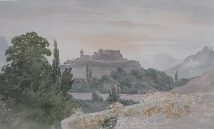 Framed Print : Italian Landscape with Hilltop Village, 1825. Creator: James William Giles Framed Print : Italian Landscape with Hilltop Village, 1825. Creator: James William Giles
