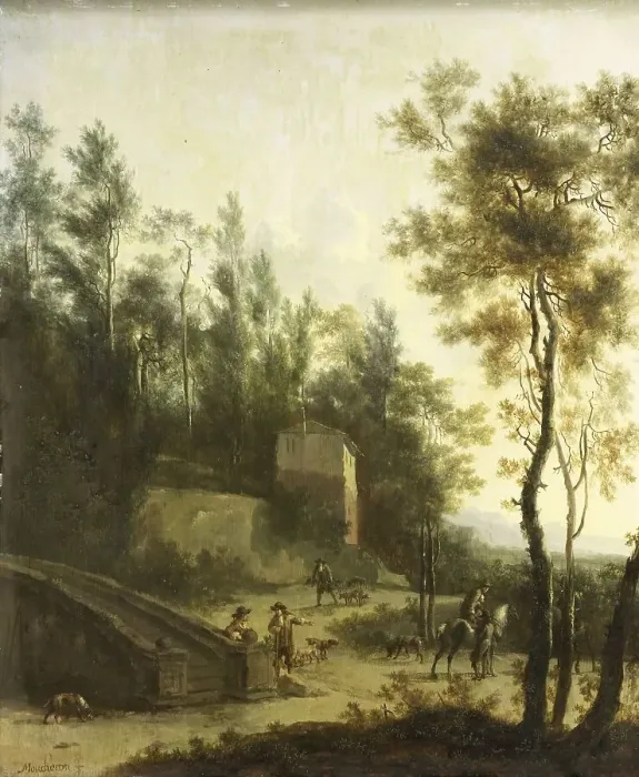 Framed Print : Italian Landscape with Hunters, 1660-1686. Creator: Frederik de Moucheron Framed Print : Italian Landscape with Hunters, 1660-1686. Creator: Frederik de Moucheron