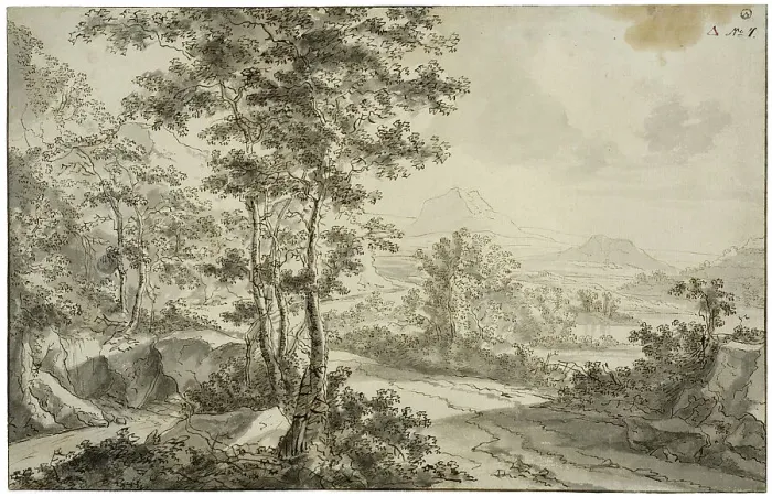 Framed Print : Italian landscape with a road winding along a mountainside. Creator: Unknown Framed Print : Italian landscape with a road winding along a mountainside. Creator: Unknown