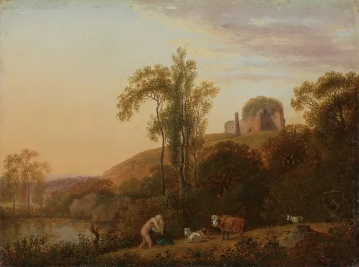 Framed Print : Italian Landscape with Ruins and bathing Woman, Before 1824. Creator: Johann Christian Klengel Framed Print : Italian Landscape with Ruins and bathing Woman, Before 1824. Creator: Johann Christian Klengel