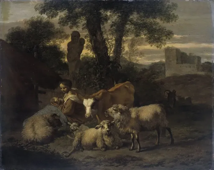 Framed Print : Italian Landscape with Shepherdess and Flocks, 1708. Creator: Simon van der Does Framed Print : Italian Landscape with Shepherdess and Flocks, 1708. Creator: Simon van der Does