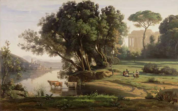 Framed Print : Italian Landscape (Site d'Italie, Soleil Levant), about 1835. Creator: Jean-Baptiste-Camille Corot Framed Print : Italian Landscape (Site d'Italie, Soleil Levant), about 1835. Creator: Jean-Baptiste-Camille Corot