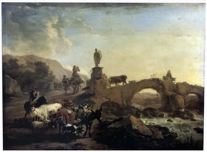 Framed Print : Italian landscape with a Small Bridge, 1656. Artist: Nicolaes Berchem Framed Print : Italian landscape with a Small Bridge, 1656. Artist: Nicolaes Berchem